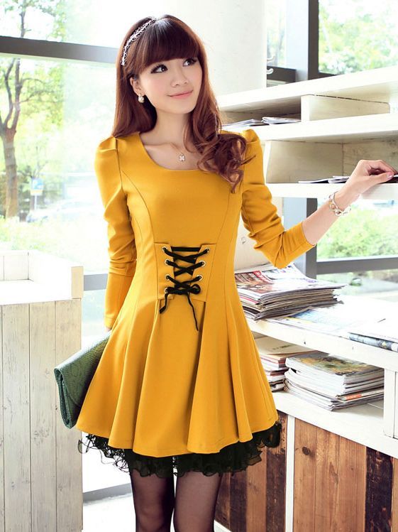 New Arrival Round Collar Long Sleeve Bandage Ruffles Lace Dress