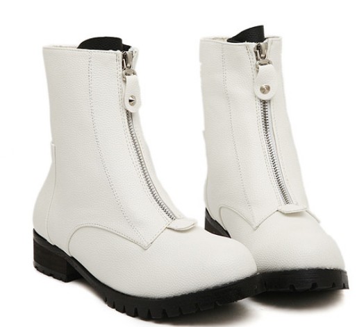 Trendy Fashion White Front Zipper Chunky Heel Ankle Platform Boots