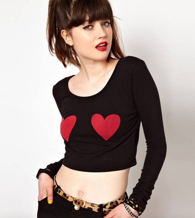 Charming Look Heart-Shaped Round Neck Long Sleeve Crop Top