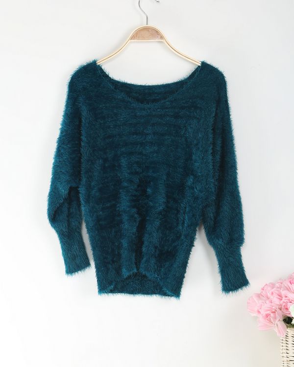 Simple Temperament V-Neck Solid Color Long Sleeve Mohair Pullover Sweater