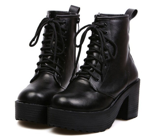 Pure Color Lace Up Round Toe Chunky Heel Platform Ankle Boots