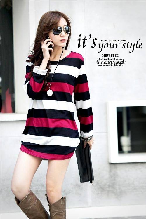 Street Wear Style Fashionable Stripe Round Collar Long Sleeve Skirts