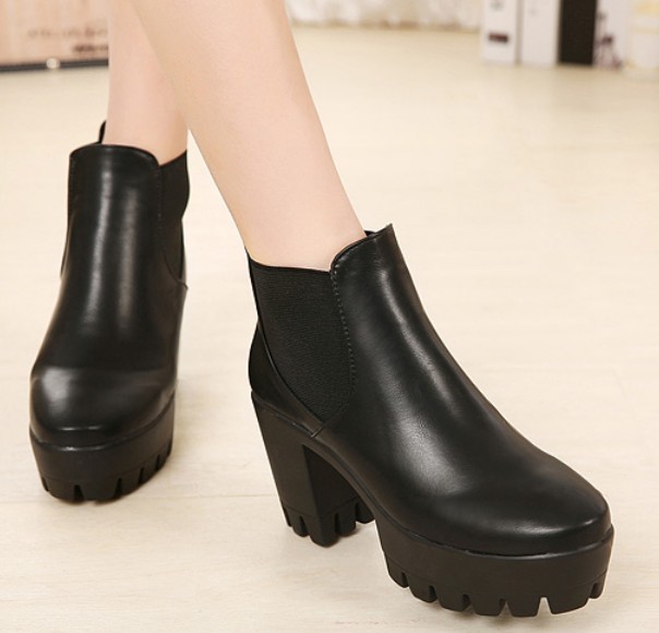 Fashion Style Pure Color Chunky Heel Black Ankle Boots