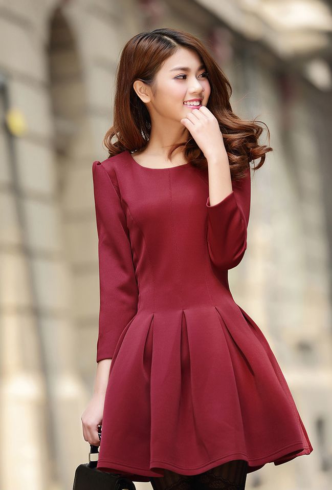 Korea Newest Puff Sleeve Slim Waist Ruffles Pure Color Girls Pompon Dresses