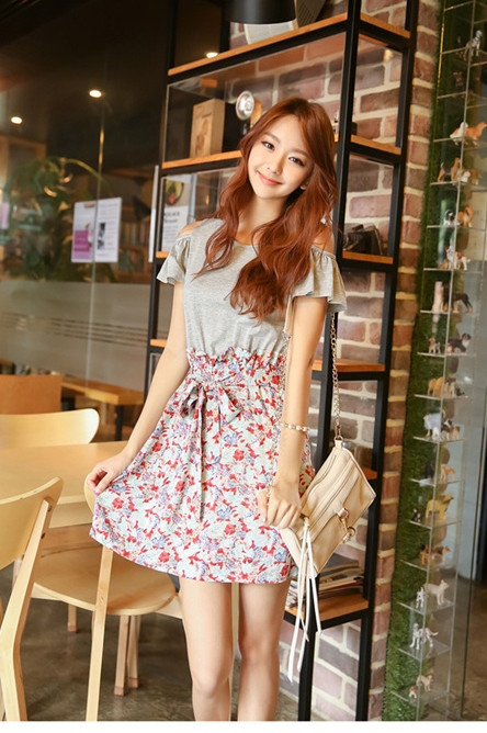 Korean Style Sweet Girl Hot Sale Floral Off Shoulder Round Collar ...