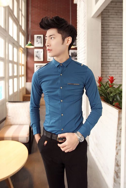 2014 New Spring Metal Decorated Epaulet Long Sleeve Fitted Men Shirts