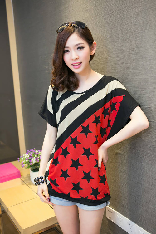 2014 Korea Girl Twill Patterns With Stars Short Sleeve Slim MD-Long T ...