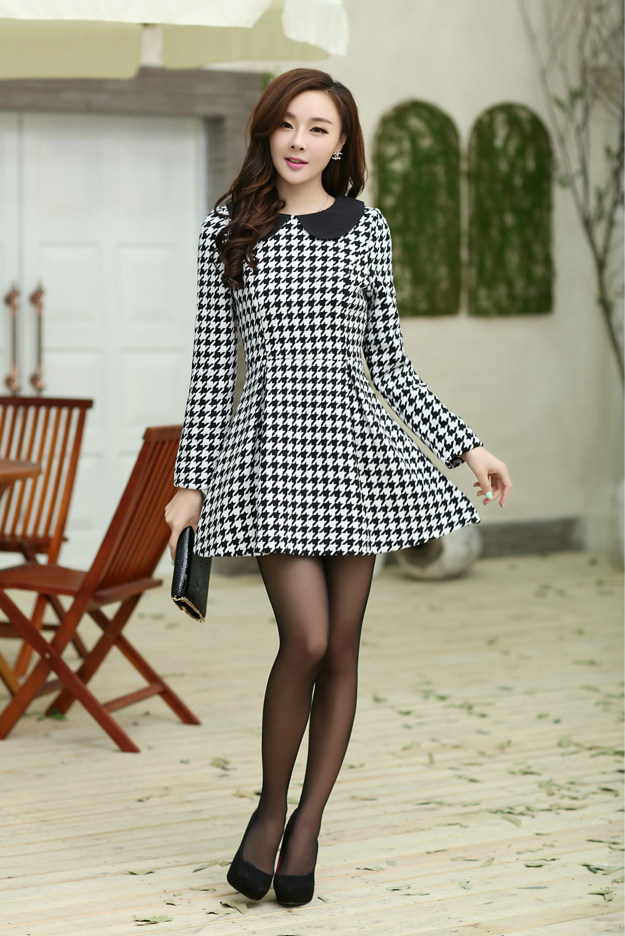 Elegant Office Lady Houndstooth Color Block Doll Collar Long Sleeve Dress