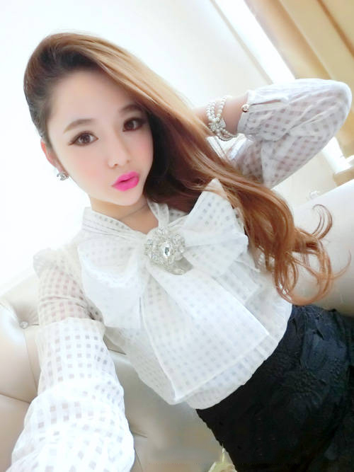 New In Korean Style Big Bowknot With Diamond Design Plaid Chiffon Blouses