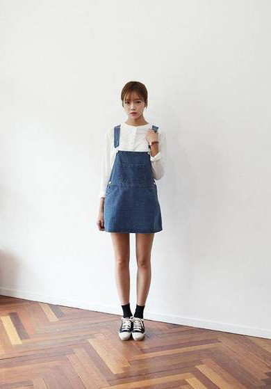 2014 Korea Spring Girls Front Pocket Buttons Vintage Straps Denim Skirts