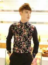 National Fashion Patched In Floral Long Sleeve Fitted Men Shirts