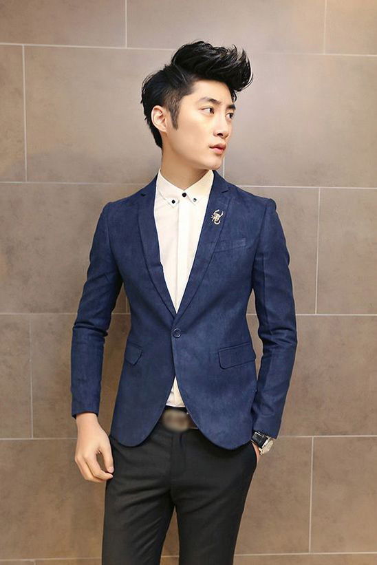 Fashion Korea Men Solid Color One-Button Little Lapel Fitted Suits