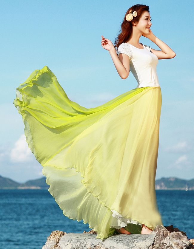 Beach Look Chiffon Two-Tone Patch Work Maxi Long Skirts