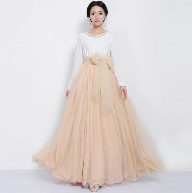 Hot Item Luxury Gauze Bow Ball Gown Solid Color High Waist Long Skirts