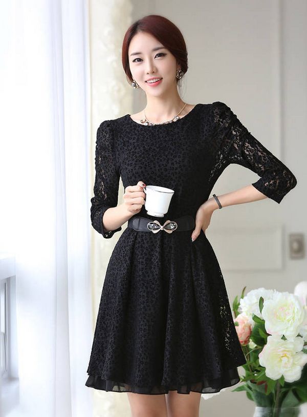 Office Lady Korean Lace Dress Hook Flower Hollow Sashes Included Round ...
