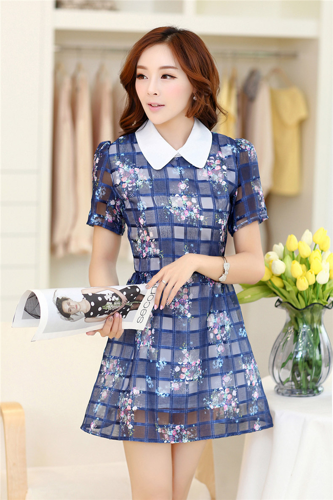  Korean  Japanese Preppy  Style  Doll Collar Organza Plaid 