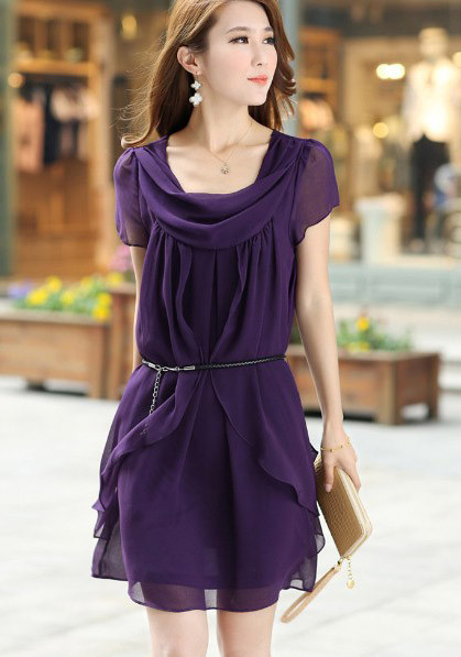 Extremely Charming Chiffon Graceful Hem Short Sleeve With Belt Fitted ...