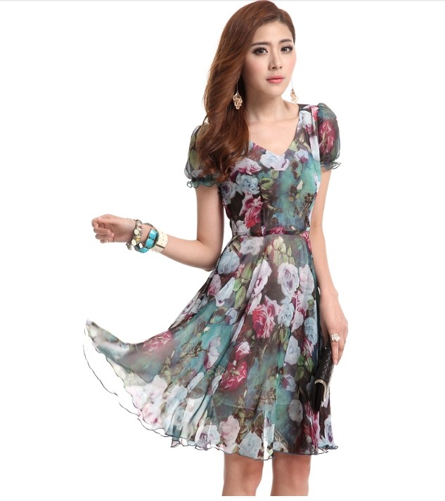 Wholesale New Fashion Dress Floral Puff Sleeve Ruffles V Neck Chiffon Dress