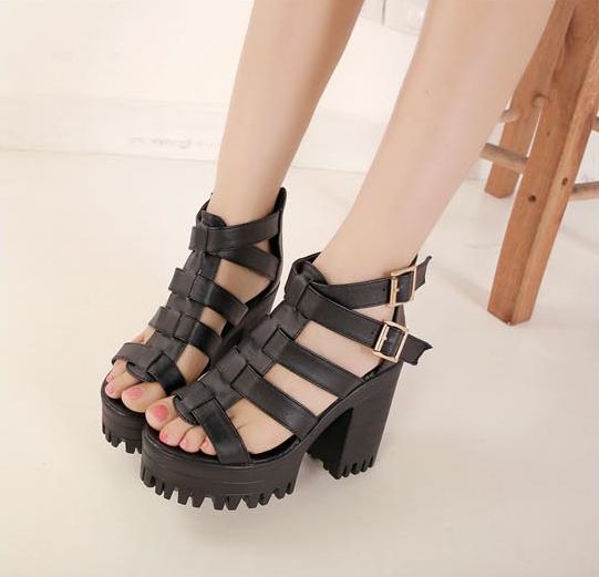 2014 Summer Hot Item Popular Roman Style Color Black Chunky Heels Peep ...