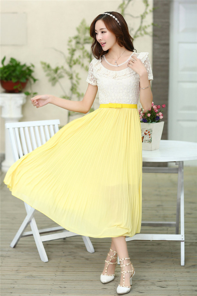 Wholesale Dress Korean Women Dress Gowns Lace Short Sleeve Ruffles Maxi