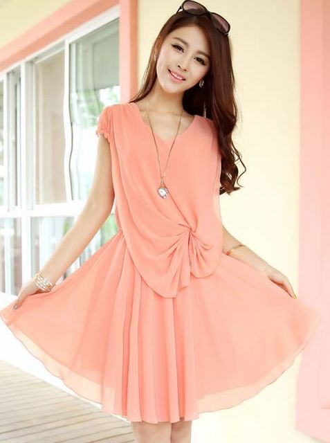 Grade Quality Chiffon Pleated Crew Neck Sleeveless Solid Color Natural ...
