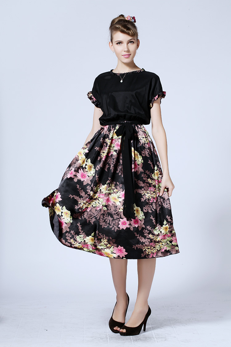 Palace Style Vintage Euro Style Flower Printing Gowns Short Sleeve Dress