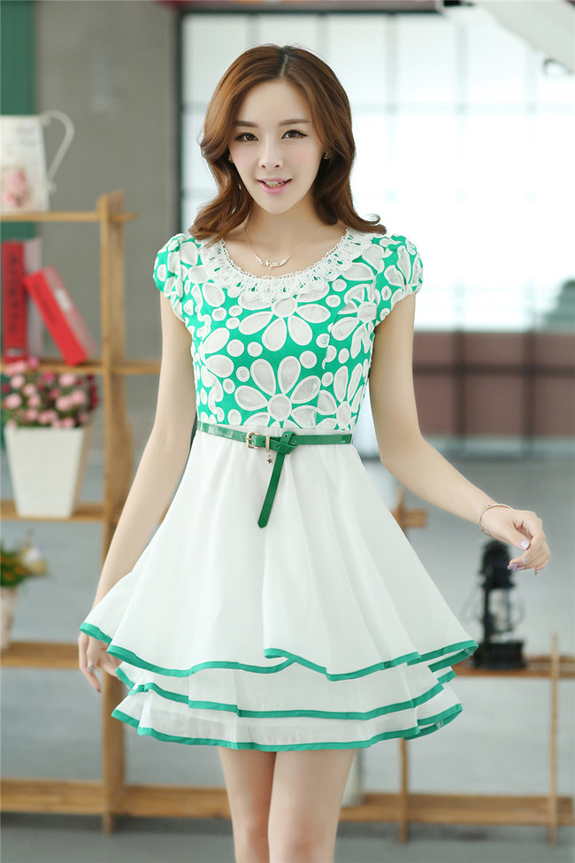 2014 New Arrival Colorful Floral Puff Sleeve Round Neck Ball Gowns Dress