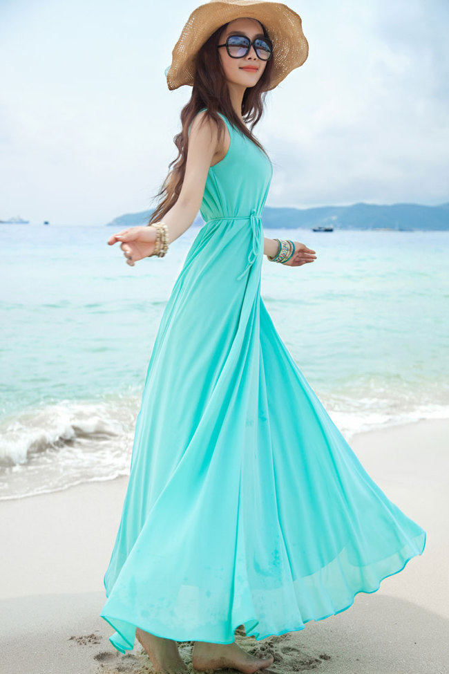 Sexy Girl Beach Wear Solid Color Gowns Sleeveless Round Neck Maxi Dress