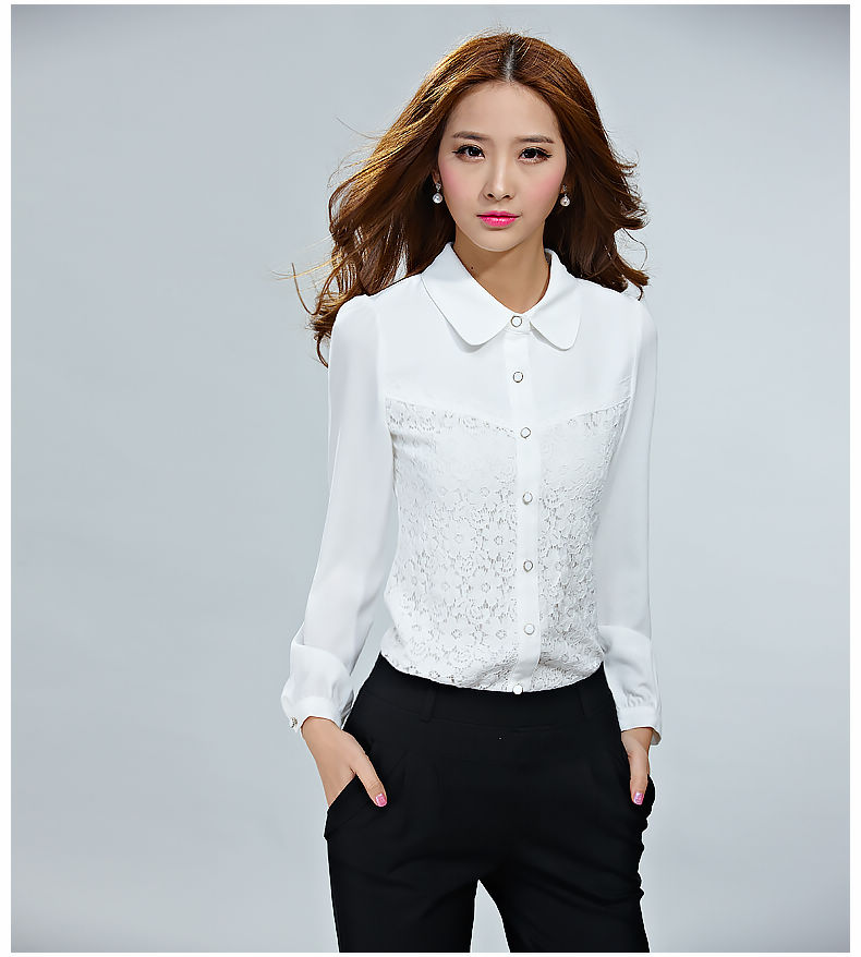 Office Lady Needed Style Chiffon Blouse Solid Color Lapel Lace Matching ...