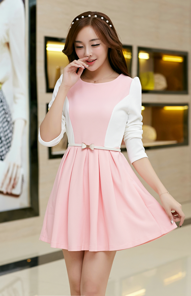 Korean 2014 Elegant Princess Dress Fitted Sweet Pink Round Neck Long ...