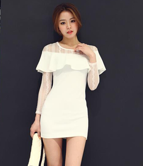Korean Vintage Collection Dress Slim Fit Pure Color Ruffle Lace Party ...