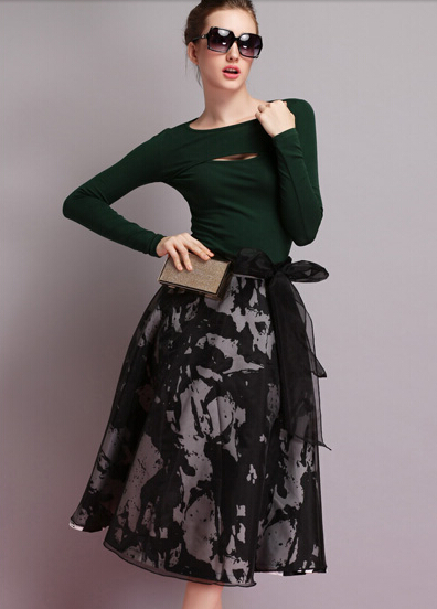 New Elegant Women Skirt A Line Lace Organza Vintage Style Clothes Green