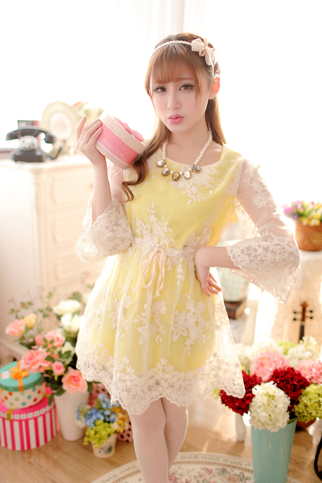 Japanese Hot Sale Color Block Floral Pattern Bandage Dress Yellow ...