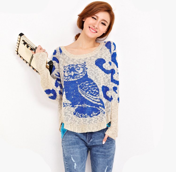 Womens Casual Knitted Long Sleeve Skinny Stretch Owl Print Scoop Neck Sweater