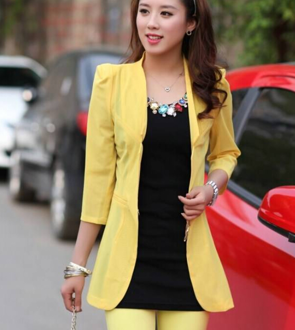 2014 Korean Leisure Style Long Blazers Pure Color Three-quarter Sleeve ...
