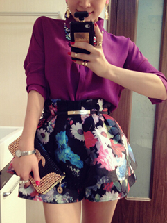 European Style New Women Suits Pure Color Shirt Floral Pattern Short Skirt Lapel Purple Two Pieces Dress M L