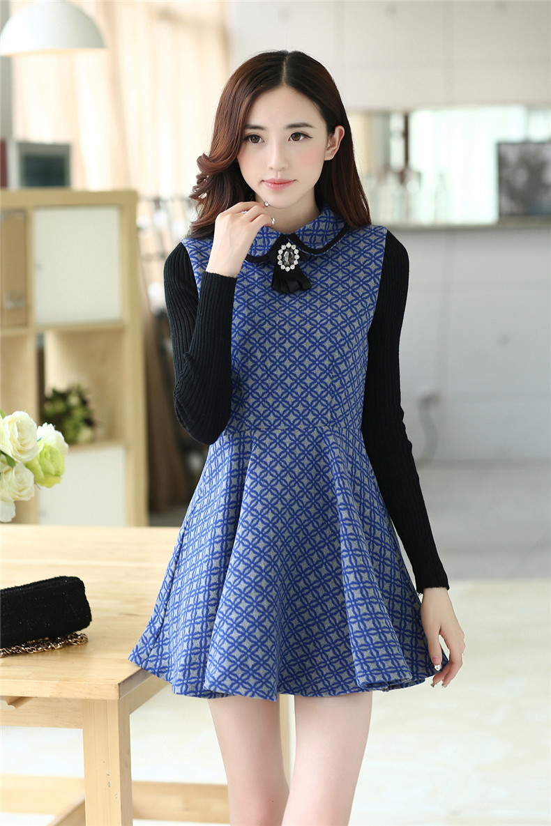 Korean New Brand Split Joint Wool Doll Collar Long Sleeve Dress Cozy ...