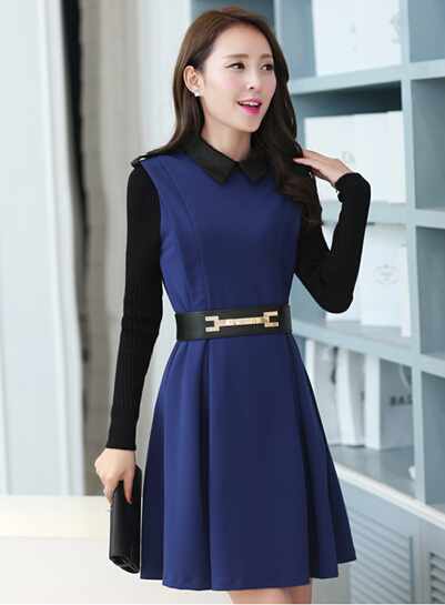 2014 New Arrival Dress Polo Collar Long Sleeve Dress Fitted Blue ...