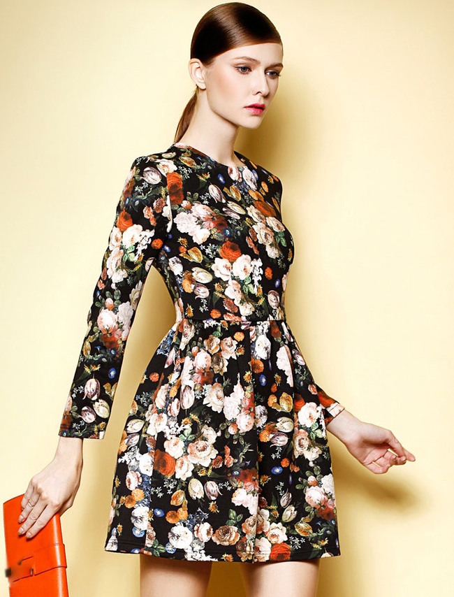 2014 Autumn Western Style Dress Color Block Floral Pattern Ruffles Long ...