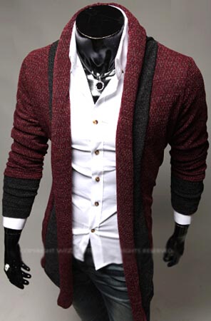 2014 New Korean Slim Cut Men Cardigan Sweater Color Block Lapel Long ...