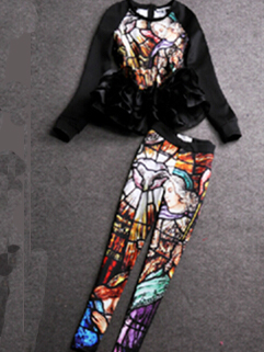 Size M-L Chic Design Euro American Hot Sale Two Piece Women Suit Zip Up Personality Printed Fluffy Women Suit