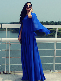 Hot Selling Autumn Dress Solid Color O-Neck Shawl Dress Chiffon Blue Dress