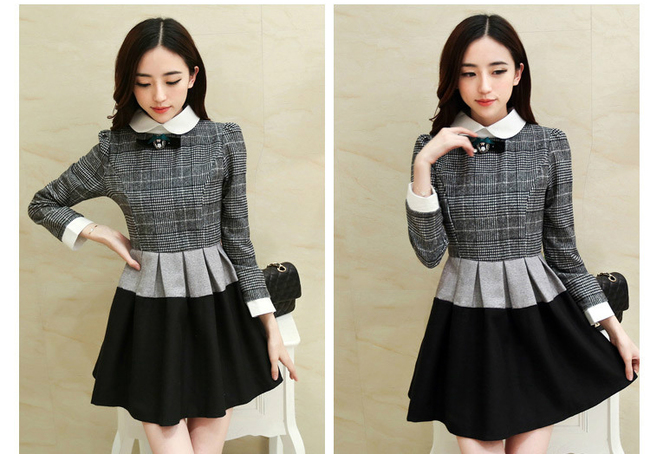 2014 Autumn Style Dress Grid Pattern Long Sleeve Doll Collar Dress ...