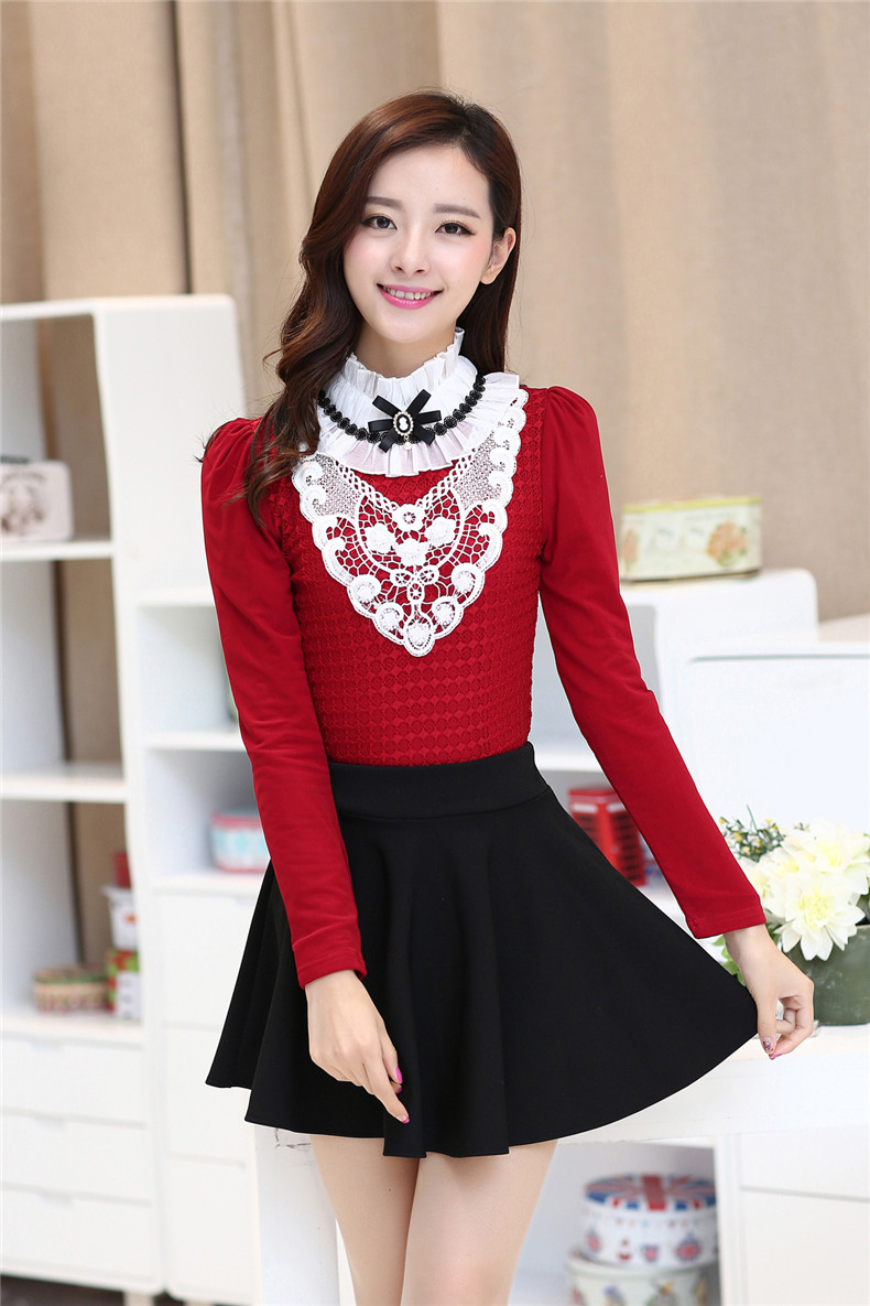 Attractive Hot Sale Blouse Lace Matching Turtle Collar Fitted Top Red ...