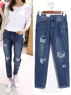 New Arrival Korean Jeans Hole Pockets Mid Waist Straight Denim Jeans