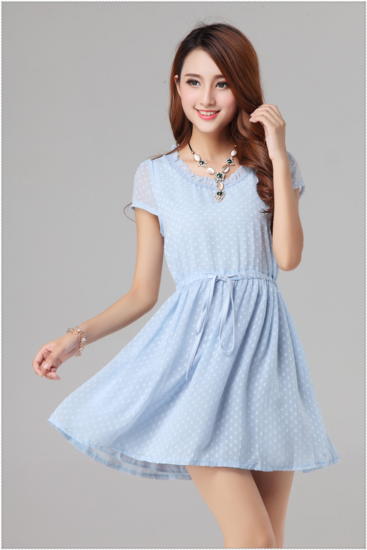 Korean New Arrival Wholesale Light Blue Dress Short Sleeve Dot Printed ...