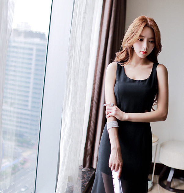 Korean Sexy Hot Black Sleeveless Backless Hollow Out Cheap Slim Wear