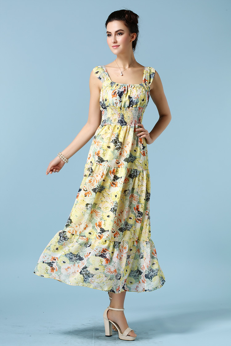 Elegant Women Casual Maxi Dress Floral Printing Sleeve Yellow Chiffon Dress