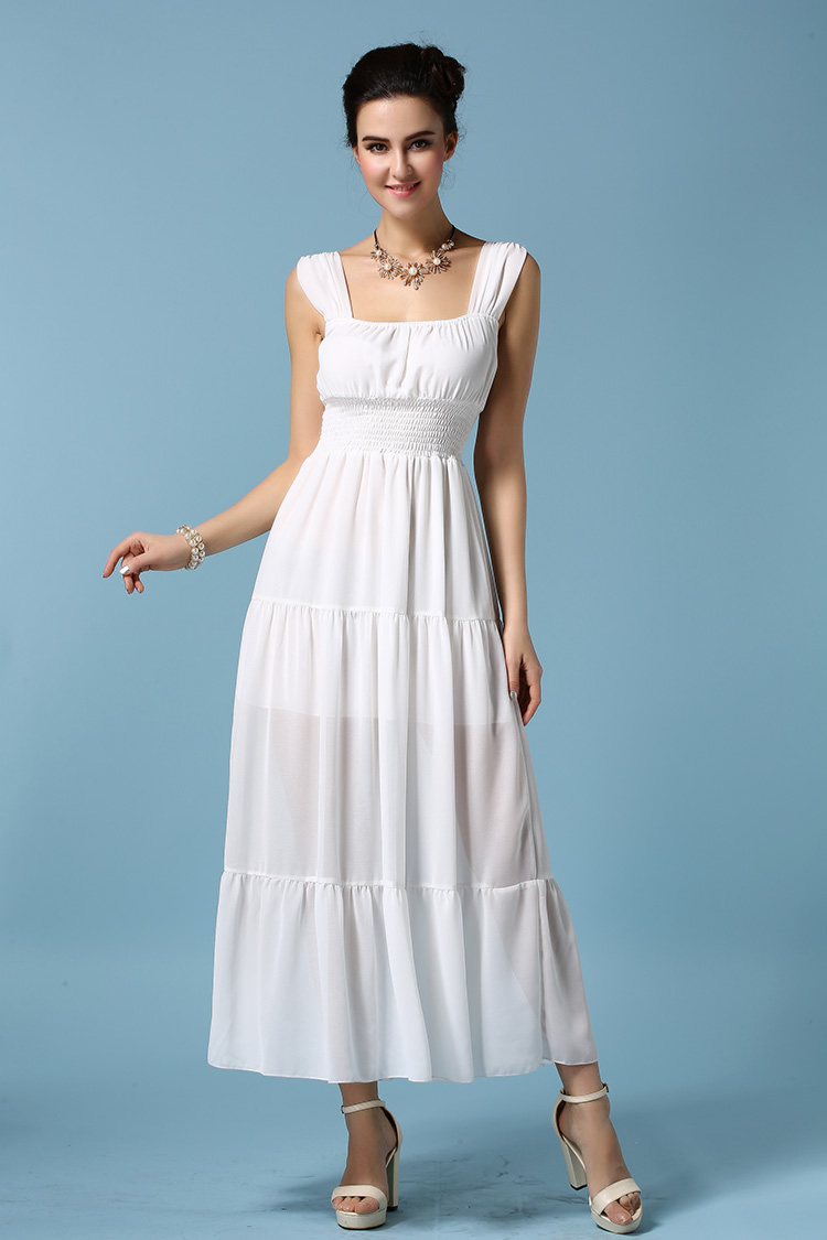 Elegant Women Korean Maxi Dress Sleeveless Square Neck Chiffon White Dress