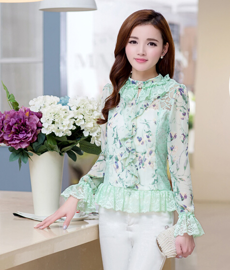 Korean Hot Selling Chiffon Lace Split Floral Printed Hollow Out Elegant ...